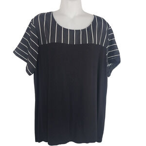 Chico's Womens Top Black White Mixed Media Short Sleeve Knit Woven Striped XL